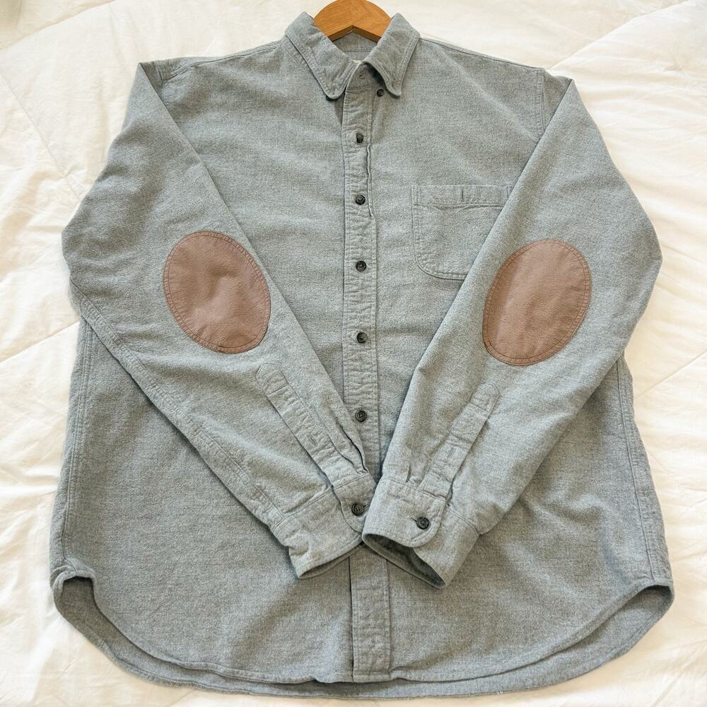 J.Crew Gray Button Down Workshirt Large 100% Cotton Elbow Patch Long Sleeve